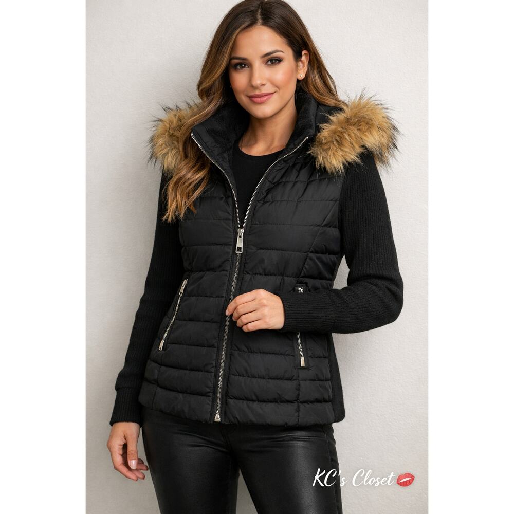 Calvin Klein puffer jacket Sz M, knit sleeves, zip pockets, removable faux fur